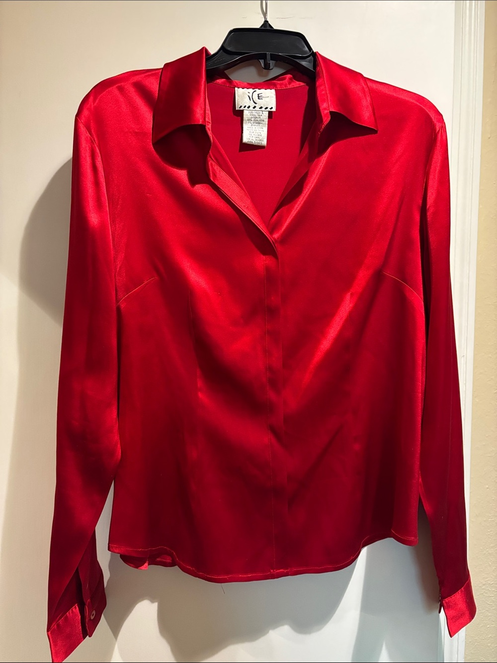 Ice Red Satin Button-Down Blouse